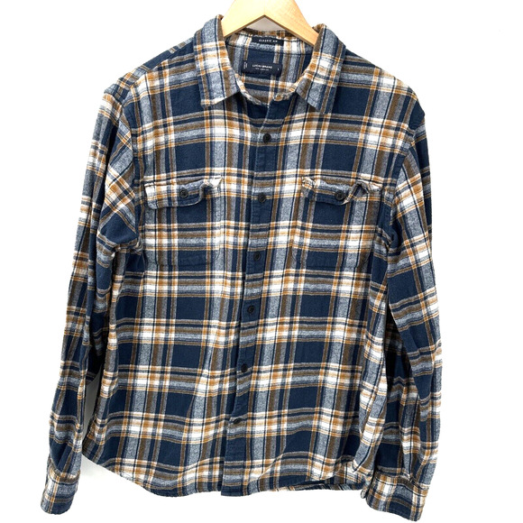 Lucky Brand Flannel Shirt Mens Large Blue Gold Plaid Classic Fit Cotton - Picture 1 of 6
